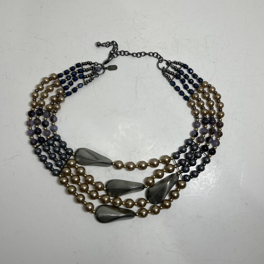 Treska Large Bead 4 Layer Beaded Statement Necklace 16” Grey, Purple, Tan Tones